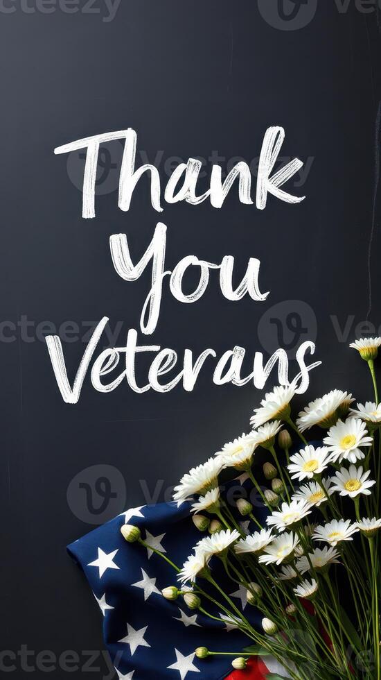 Thank you veterans message with patriotic flag and white daisy flowers arranged creatively photo