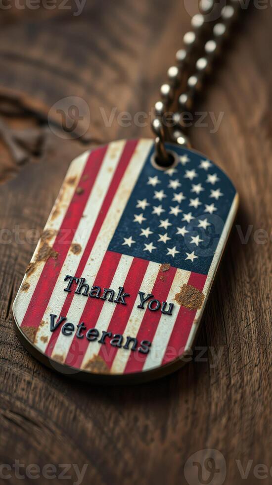 Veteran tribute tag with American flag design showcases gratitude on a rustic wooden background photo