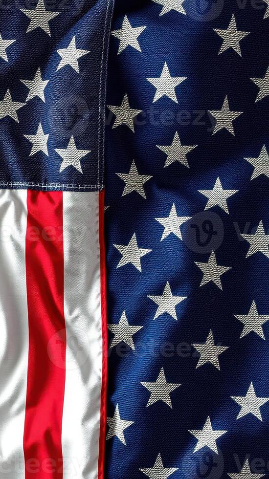 American flag with bold red stripes and intricate patterns of white stars on a blue field displayed proudly in daylight photo