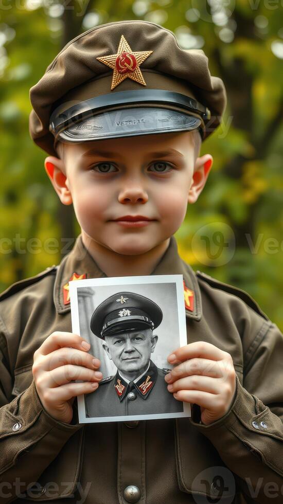 Young boy dressed in military uniform holding vintage portrait outdoors in a lush green setting photo