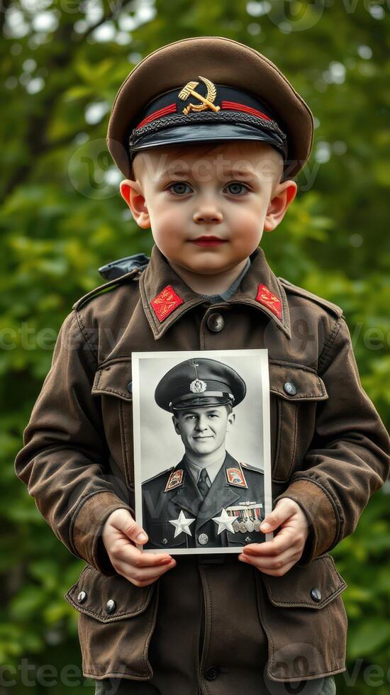 Young boy dressed in military uniform holds vintage photo honoring historical soldier outdoors