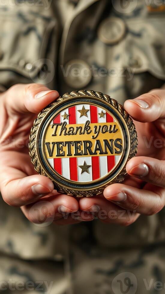 Veteran commemorative coin held by a service member in military uniform expressing gratitude photo