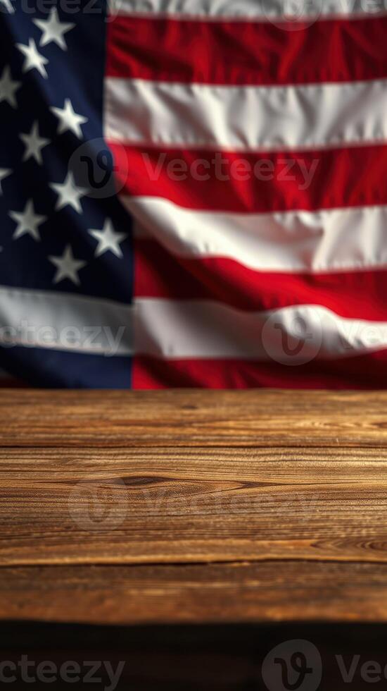 Flag of the United States displayed on a rustic wooden table background during a festive celebration photo