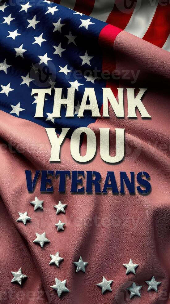 Thank you to veterans displayed on a fabric with an American flag design featuring stars and stripes photo