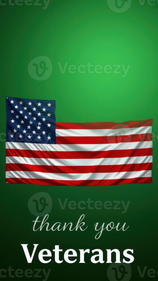 Flag of the United States displayed with a message honoring veterans on a green background photo