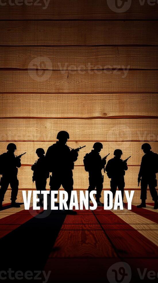 Veterans Day tribute with silhouetted soldiers under wooden backdrop honoring military service and sacrifice photo