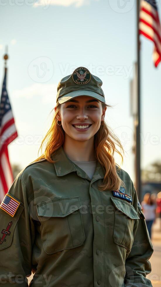 Military servicemember stands proudly in uniform with flags in background during sunset in a patriotic setting photo