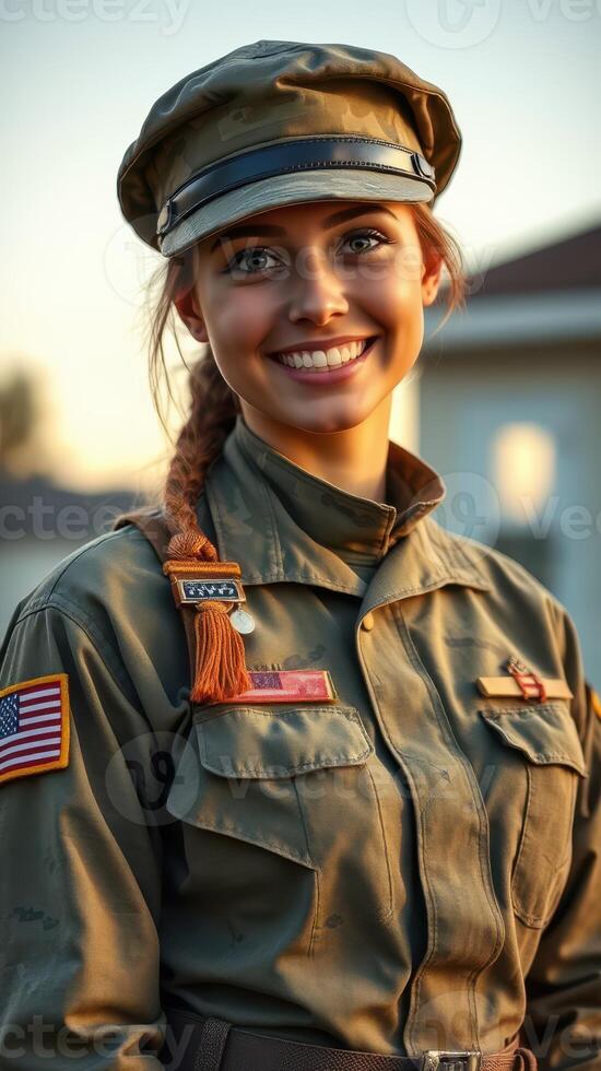 Young woman in military uniform smiles warmly at sunset during outdoor event photo