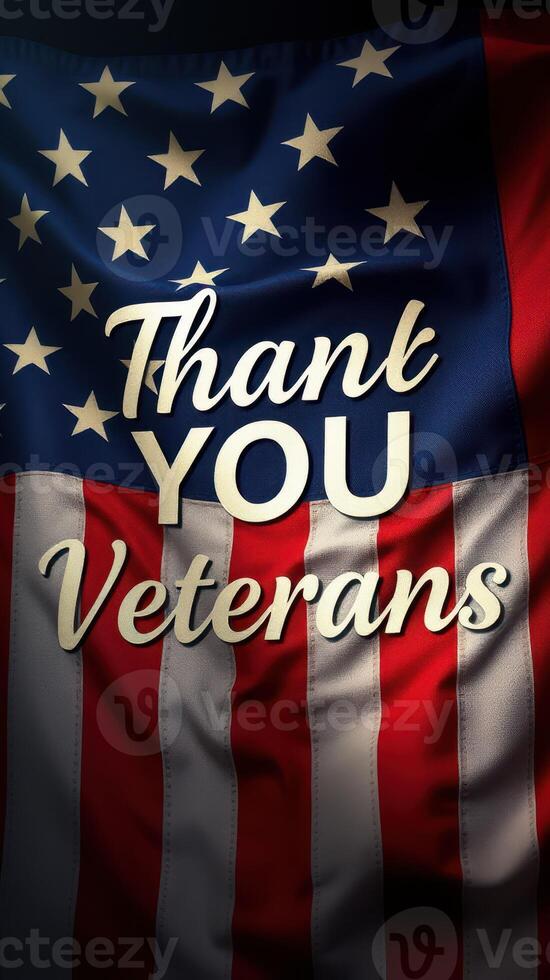 Expressions of gratitude for veterans displayed on an American flag backdrop photo