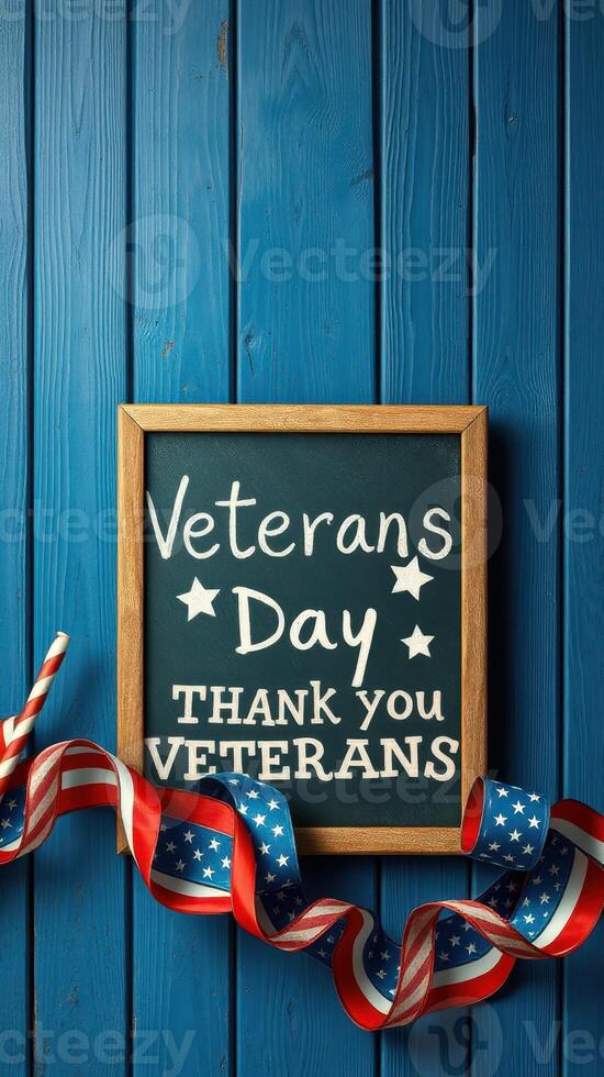 Celebration of Veterans Day with a Thank You Sign Against a Blue Wooden Background photo