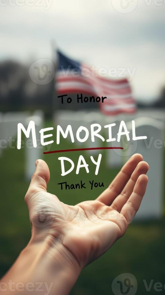 Hand reaching out to honor service members on Memorial Day with American flags in the background photo