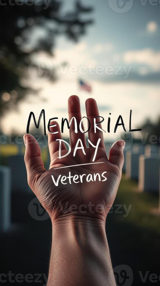 Honoring veterans during Memorial Day activities at a cemetery with flags and gravestones visible in the background photo