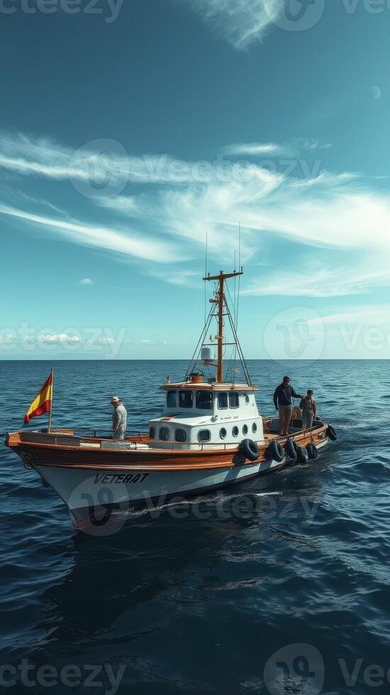 Fishing trip on a classic boat in the Mediterranean Sea during a sunny afternoon photo