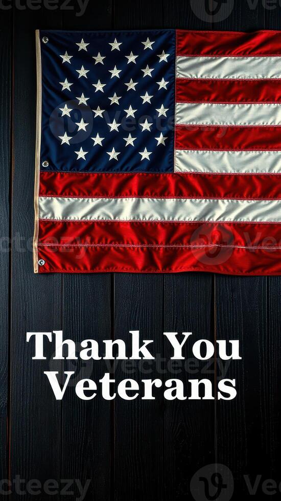 American flag displayed with gratitude message for veterans in a rustic setting photo