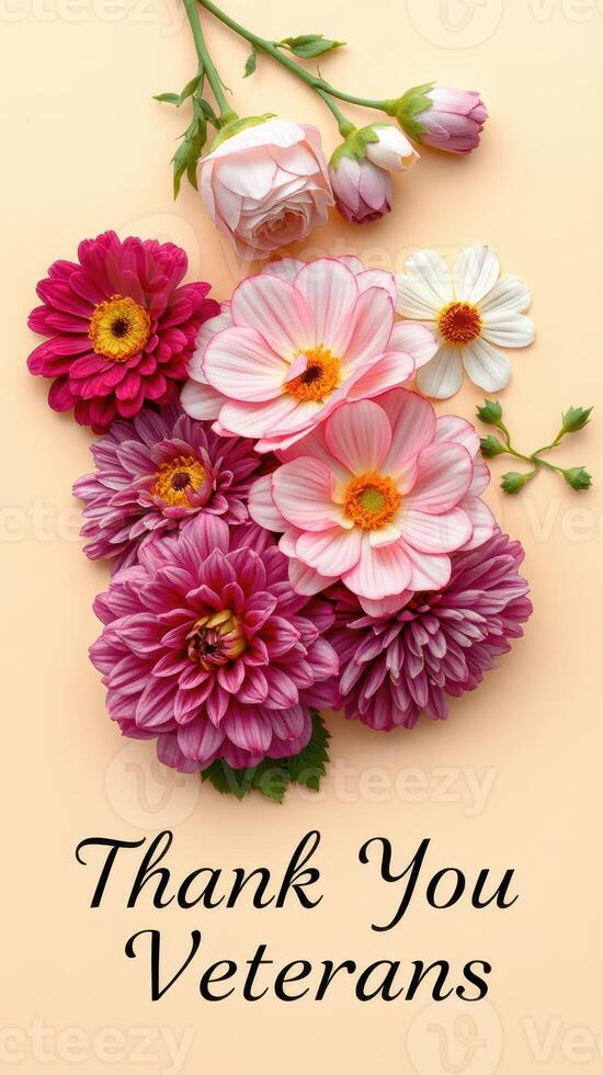 Floral arrangement expressing gratitude to veterans with colorful blooms on a warm backdrop photo