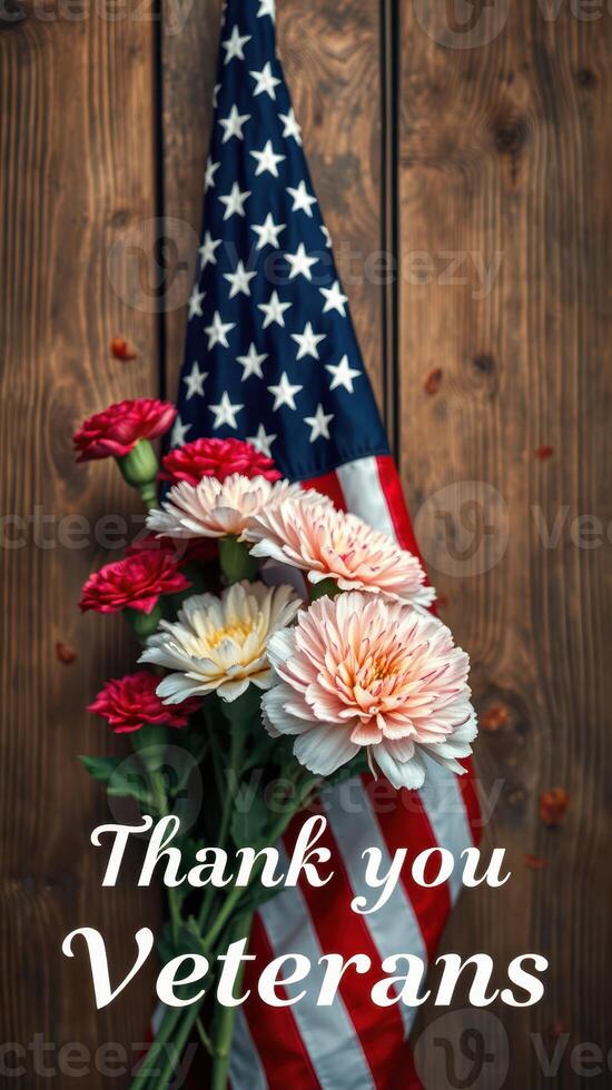 American flag adorned with flowers expresses gratitude towards veterans in a rustic setting photo