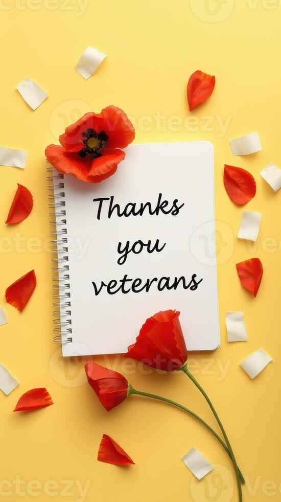 Veterans Day tribute with a heartfelt message on a notepad surrounded by flowers and petals photo
