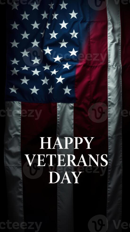 Veterans Day celebration highlighting the American flag with a heartfelt message in a dimly lit setting photo