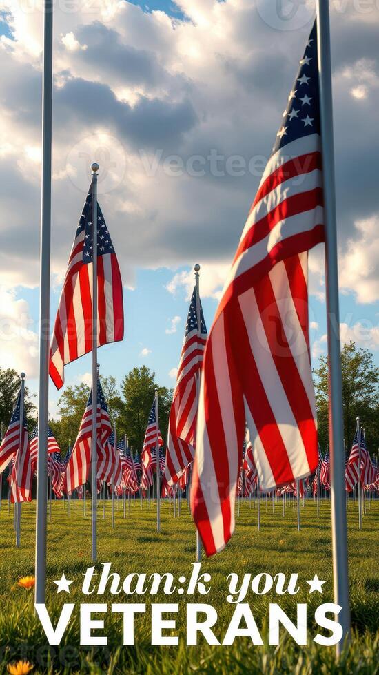 Flags wave in remembrance at a veterans memorial site during a beautiful sunset honoring those who served photo