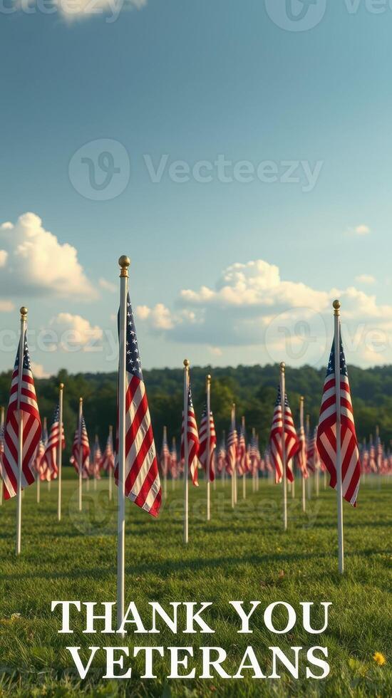 Field of flags honoring veterans with a beautiful blue sky in the background photo