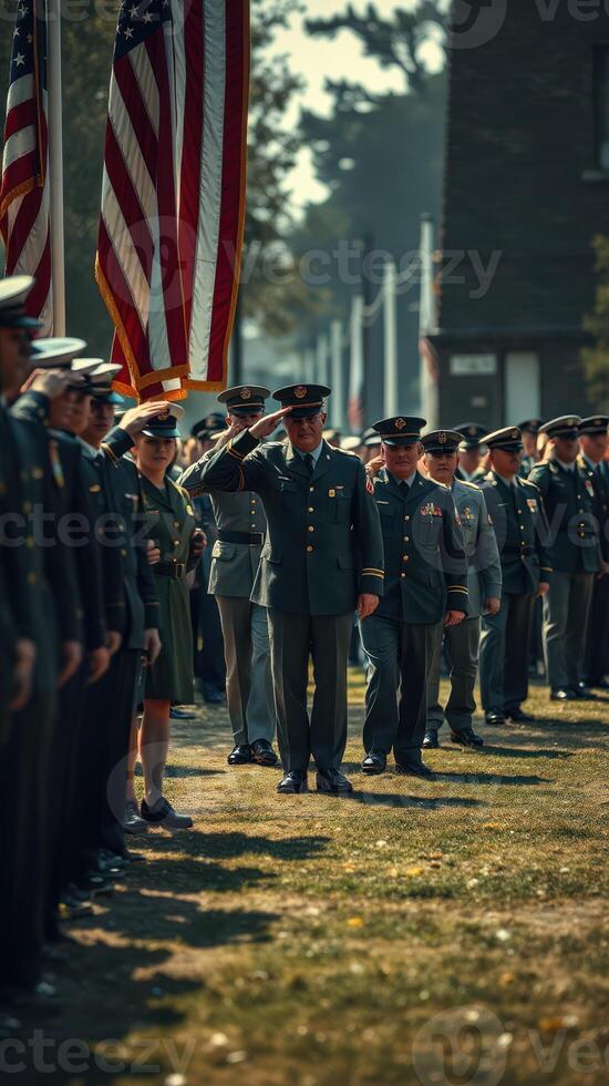 Military personnel participate in a formal event featuring a flag salute and uniformed ranks during daylight photo