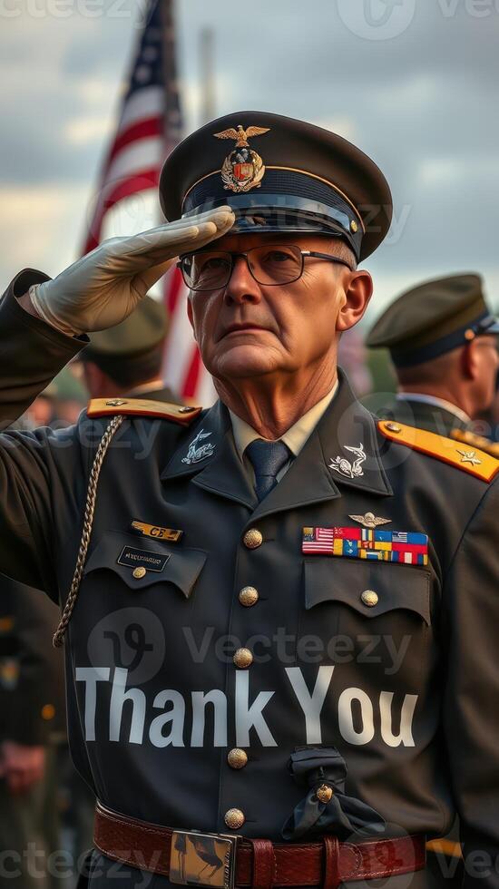Veteran saluting during a military ceremony honoring service members at sunset in a patriotic setting photo
