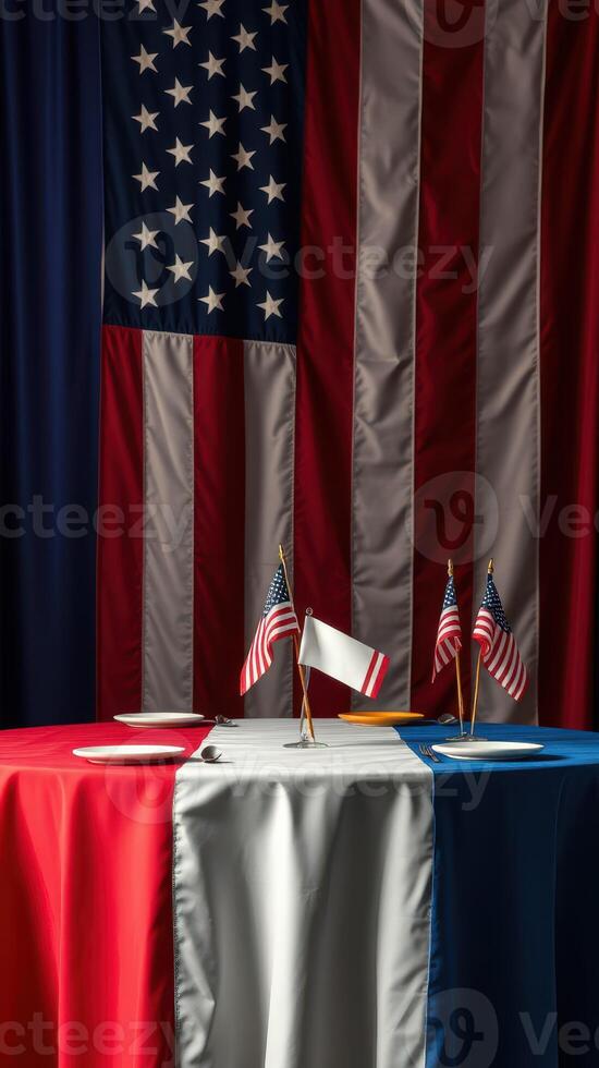 Celebration with flags on display during a festive gathering inside a decorated hall photo