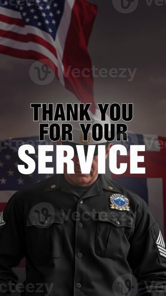 Saluting patriotism with gratitude towards service members in front of flags photo