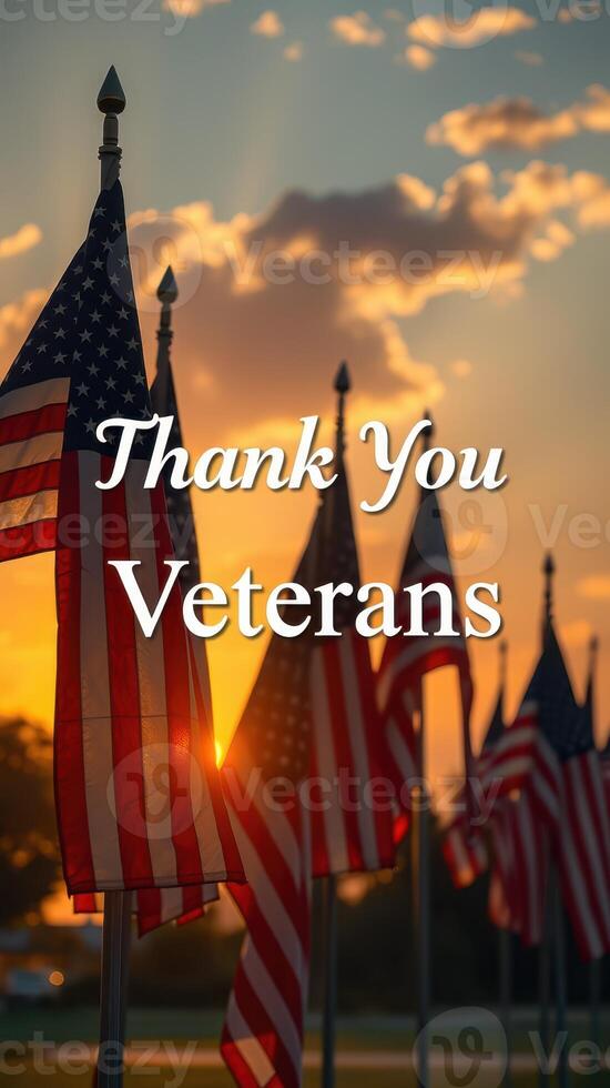 Sunset view of American flags honoring veterans with a heartfelt message of gratitude photo