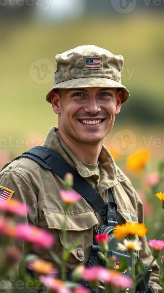 Smiling soldier in military uniform posed among colorful flowers in a vibrant field during sunny day photo