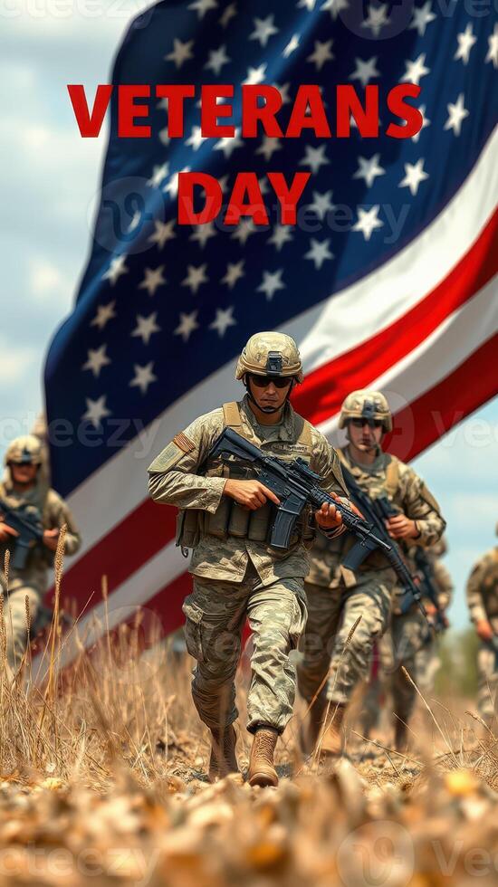 Soldiers march in formation during a Veterans Day celebration with a large American flag in the background photo
