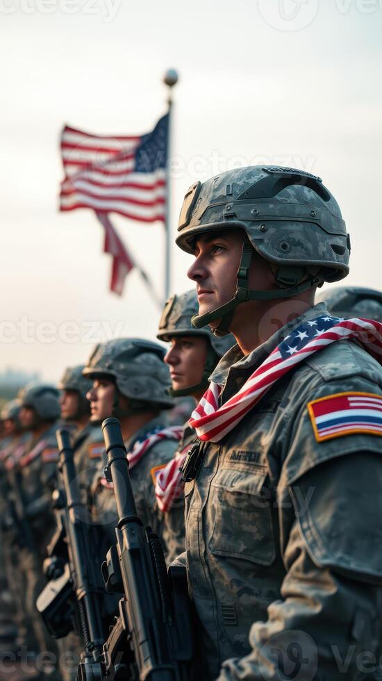 Soldiers standing in formation with flags during a patriotic ceremony at sunset photo