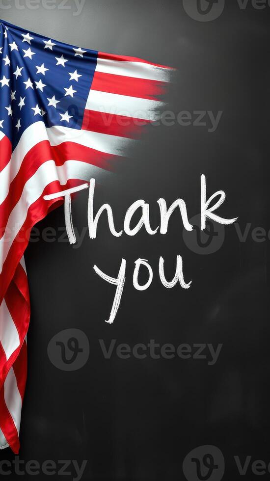 Patriotic message of gratitude displayed with an American flag on a black background in a creative setting photo