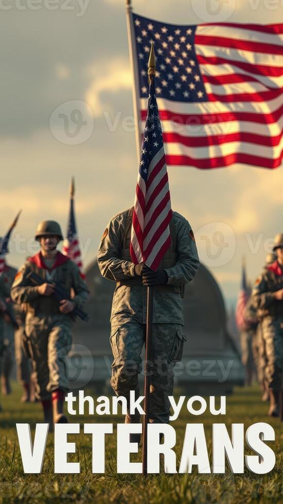 Veterans march in honor of service during a twilight event in a cemetery surrounded by flags photo