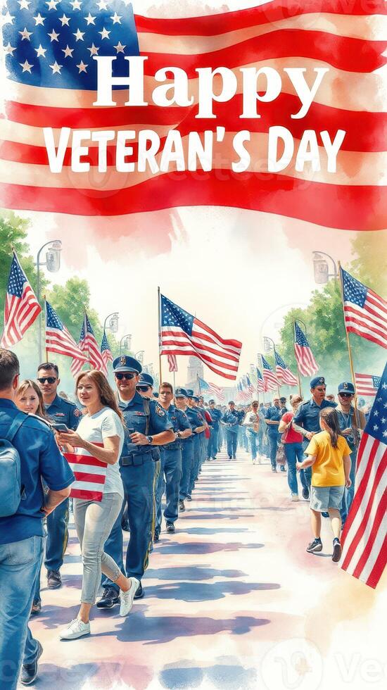 Veterans Day parade with flag waving participants celebrating in a city street under a clear sky photo