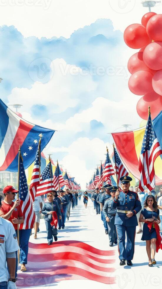 Celebratory parade showcasing flags, community spirit, and patriotic pride on a sunny day photo