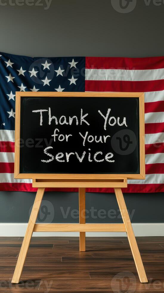 Message of gratitude written on a chalkboard in front of an American flag in a cozy indoor setting photo