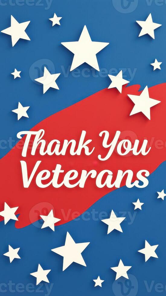Colorful graphic design expressing gratitude to veterans with stars and stripes on a blue background photo
