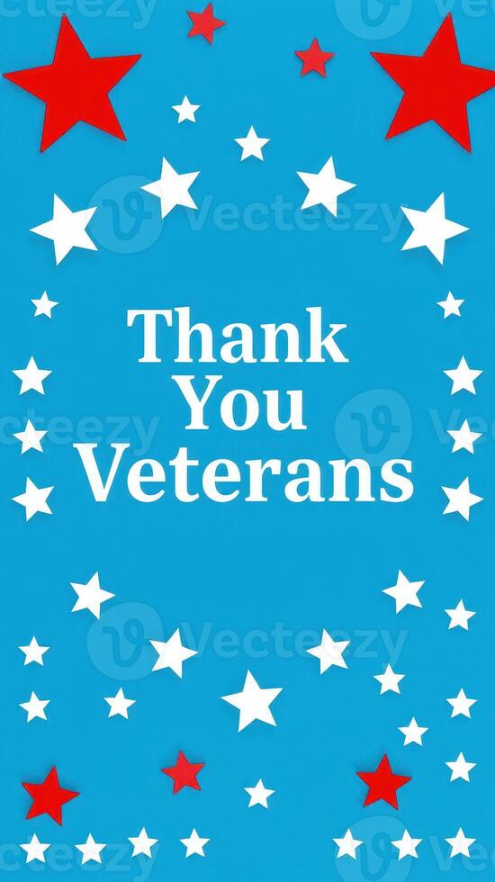 Celebration of veterans with a heartfelt message on a vibrant blue background surrounded by white stars photo