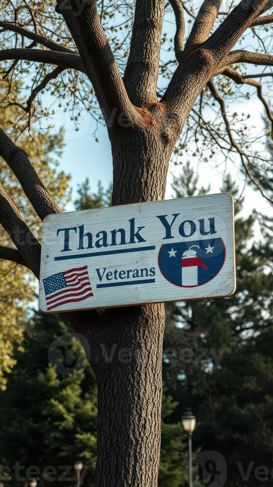 Sign honoring veterans displayed on a tree in a public park during daylight hours photo