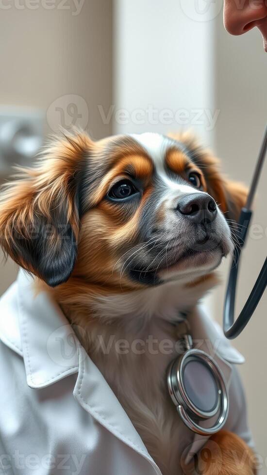 Dog in a lab coat being examined by a veterinarian in a clinical setting during a routine check-up photo