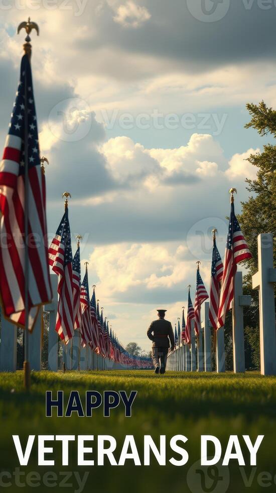 Veterans Day observance featuring flags and a soldier walking through a memorial site photo