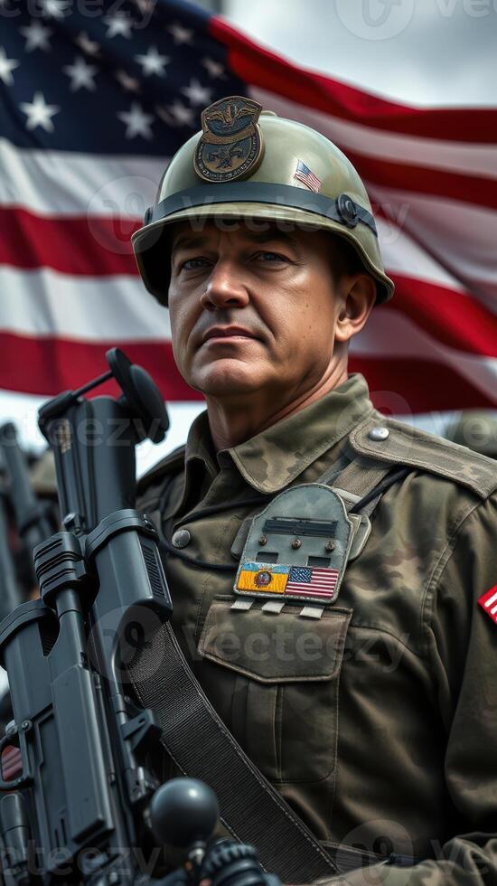Soldier stands in front of American flag during military ceremony with a serious expression and weapon in hand photo