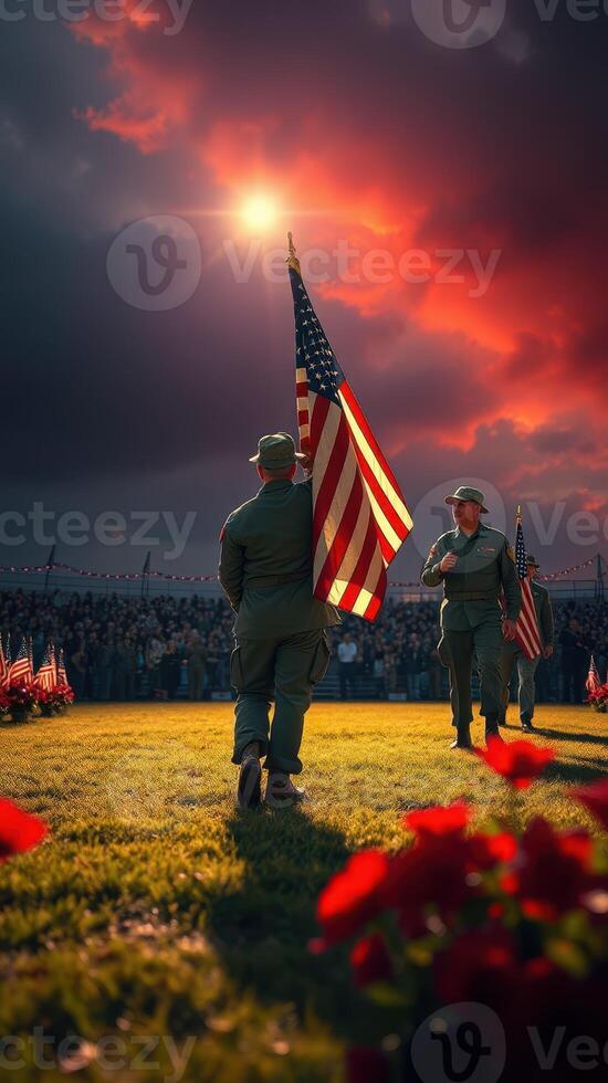 Soldiers honor the flag during a commemorative ceremony at sunset in a vibrant, crowded field photo