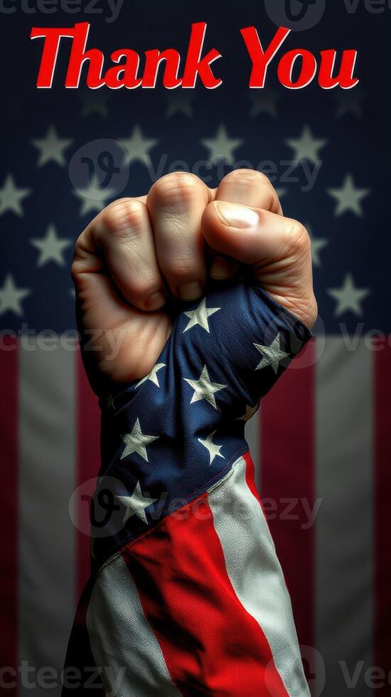 Powerful hand raised in salute with American flag design, expressing gratitude and pride for national values and freedom photo