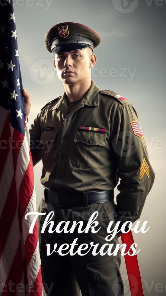 Veteran in uniform holds American flag while expressing gratitude to fellow servicemen during a solemn tribute photo