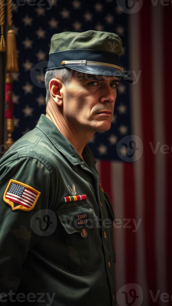 Man in military uniform poses in front of American flag with a serious expression at a historic military event photo