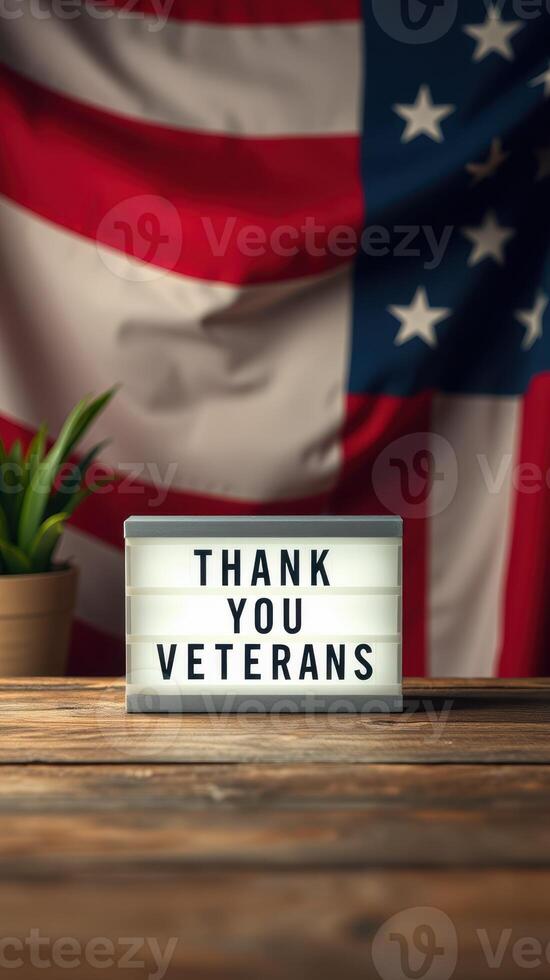 Veterans Day celebration with gratitude message in front of American flag and plant photo