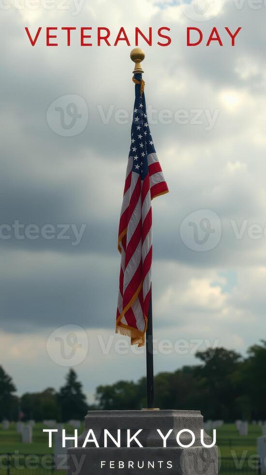 Honoring Veterans Day with a Flag at a Memorial Site Under a Cloudy Sky photo