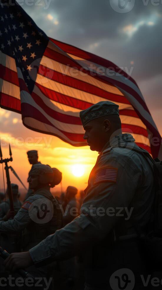 Soldiers honor flag during sunset ceremony in a patriotic display of camaraderie and respect for service photo